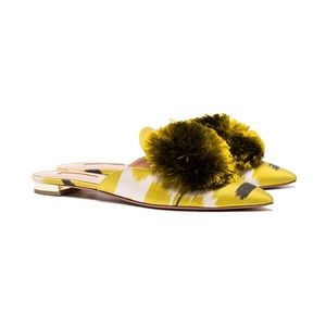 Size 41 - Aquazzura Powder Puff Pompom Lime Green/Yellow Mules